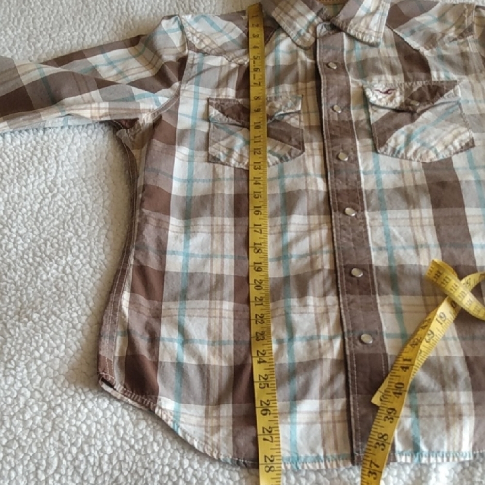 Hollister Plaid Western Snap Button Long Sleeve Shirt Men's Brown Blue White - Picture 13 of 15